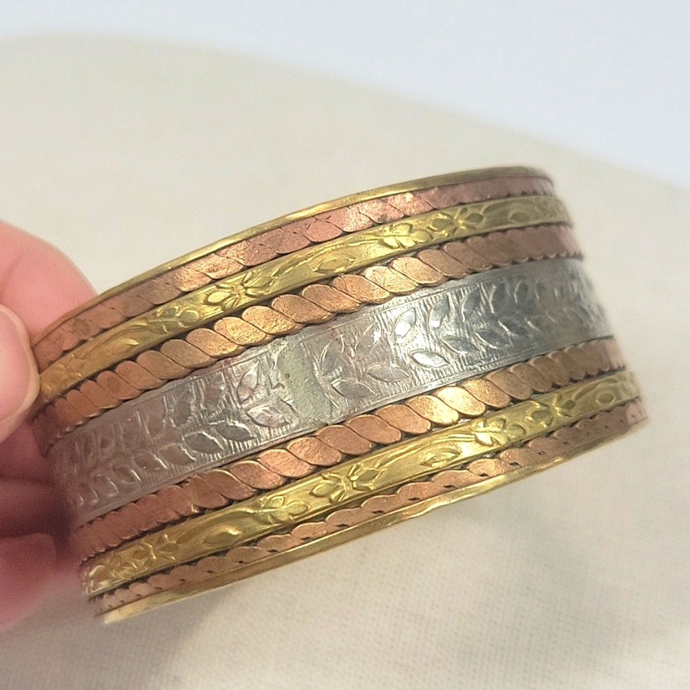 ​Artisan Wide Mixed-Metal Copper Cuff Bracelet Braided Brass Etched Leaf - Picture 3 of 6